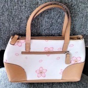TAN & WHITE SATCHEL WITH PINK FLOWERS, LIKE NEW